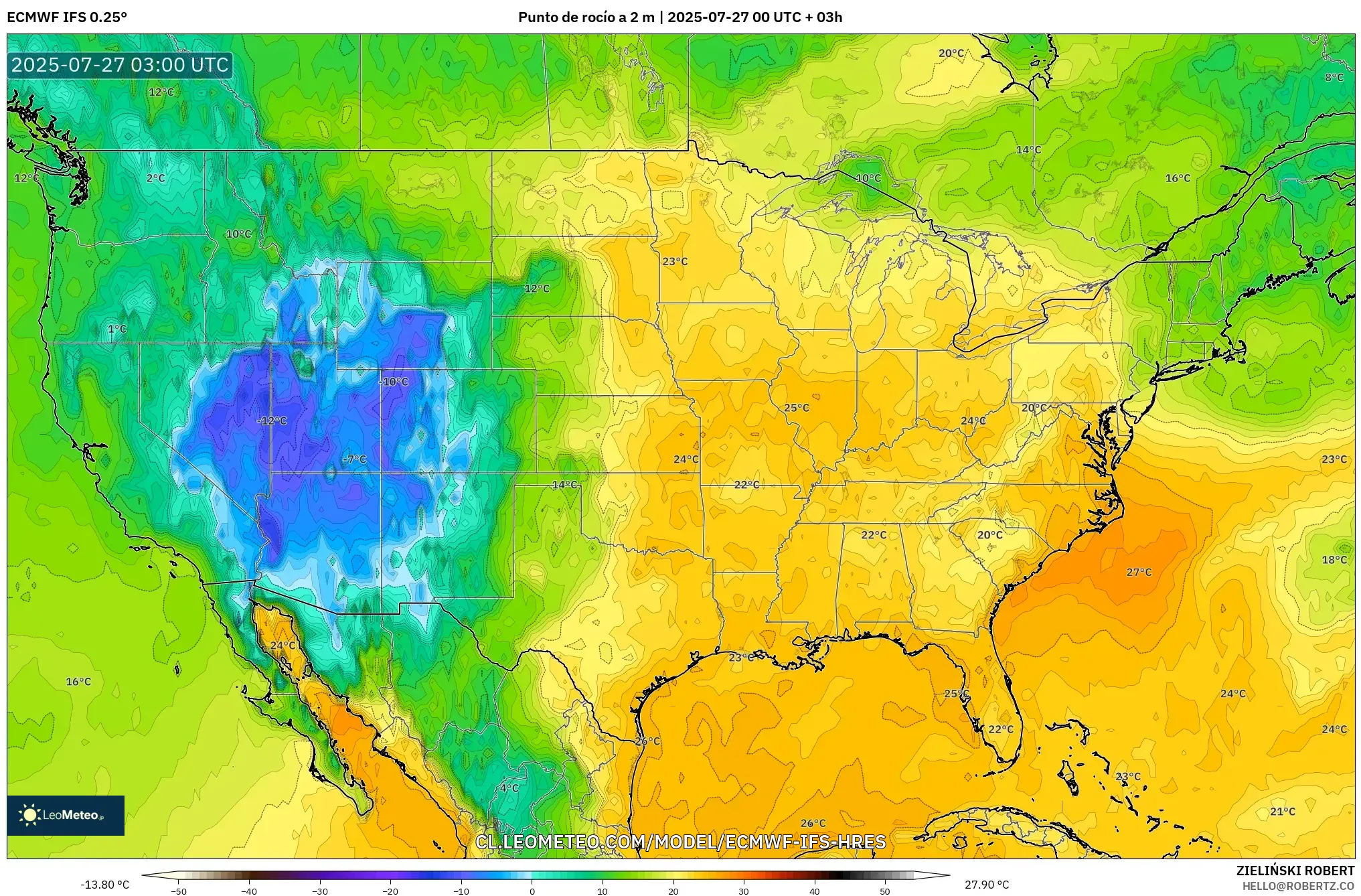 ECMWF IFS 0.25° model - Estados Unidos, Punto de rocío a 2 m ECMWF IFS 0.25° model - Estados Unidos, Punto de rocío a 2 m