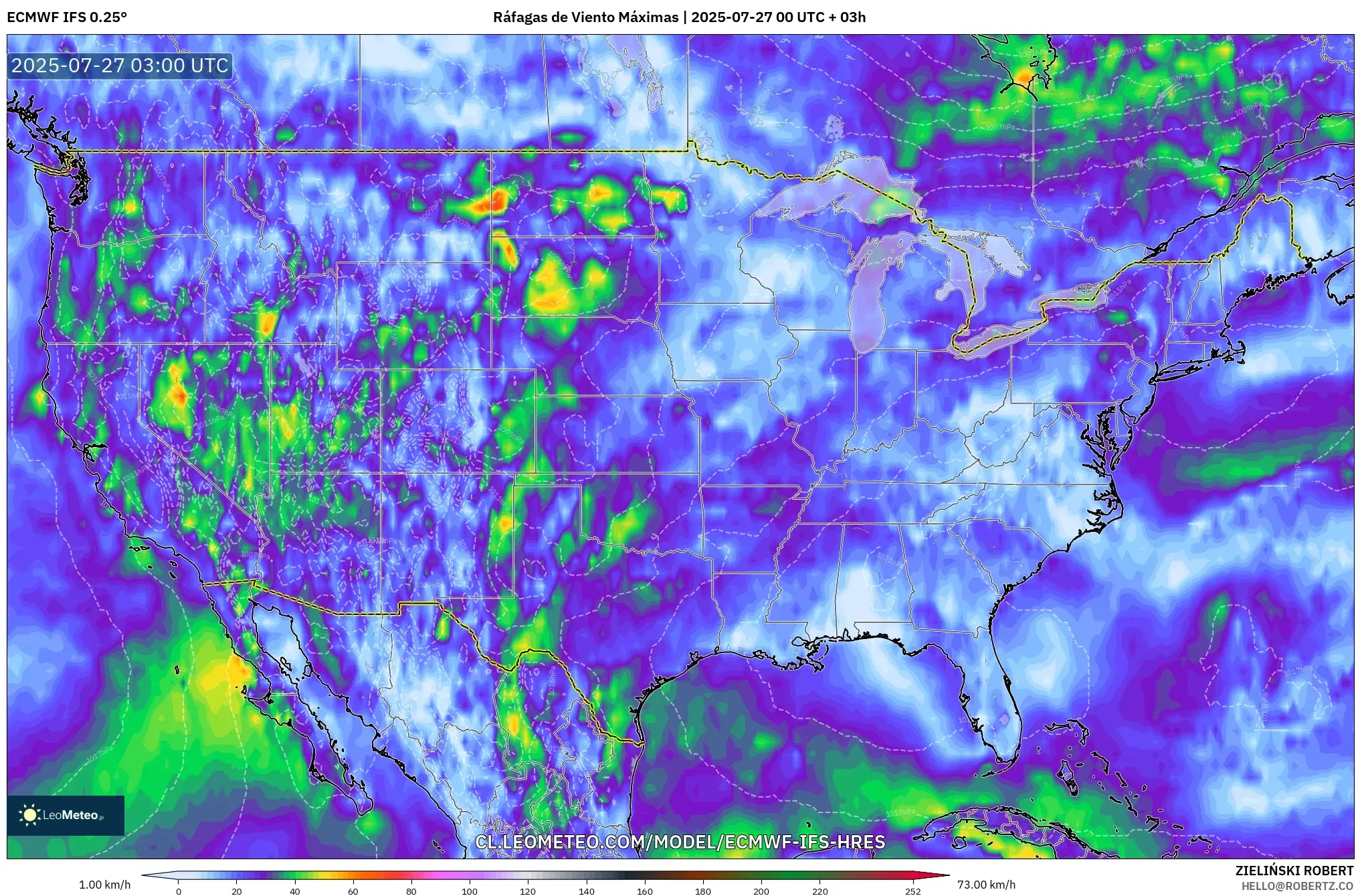 ECMWF IFS 0.25° model - Estados Unidos, Ráfagas de Viento Máximas