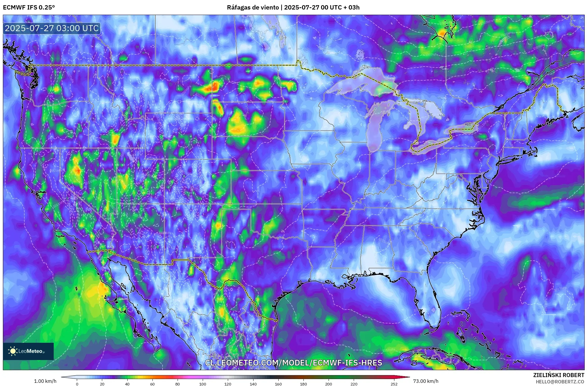 ECMWF IFS 0.25° model - Estados Unidos, Ráfagas de viento ECMWF IFS 0.25° model - Estados Unidos, Ráfagas de viento