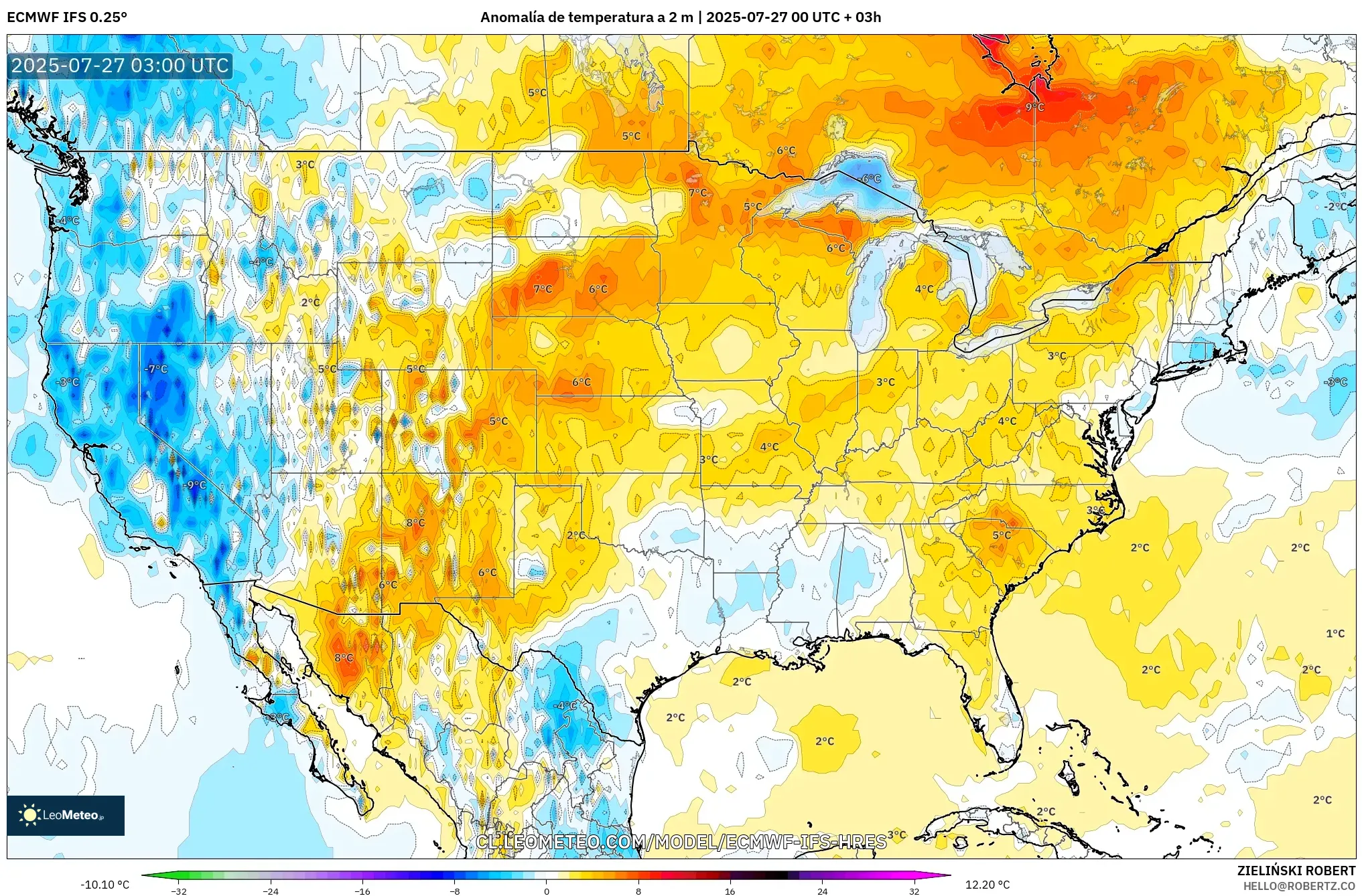 ECMWF IFS 0.25° model - Estados Unidos, Anomalía de temperatura a 2 m ECMWF IFS 0.25° model - Estados Unidos, Anomalía de temperatura a 2 m