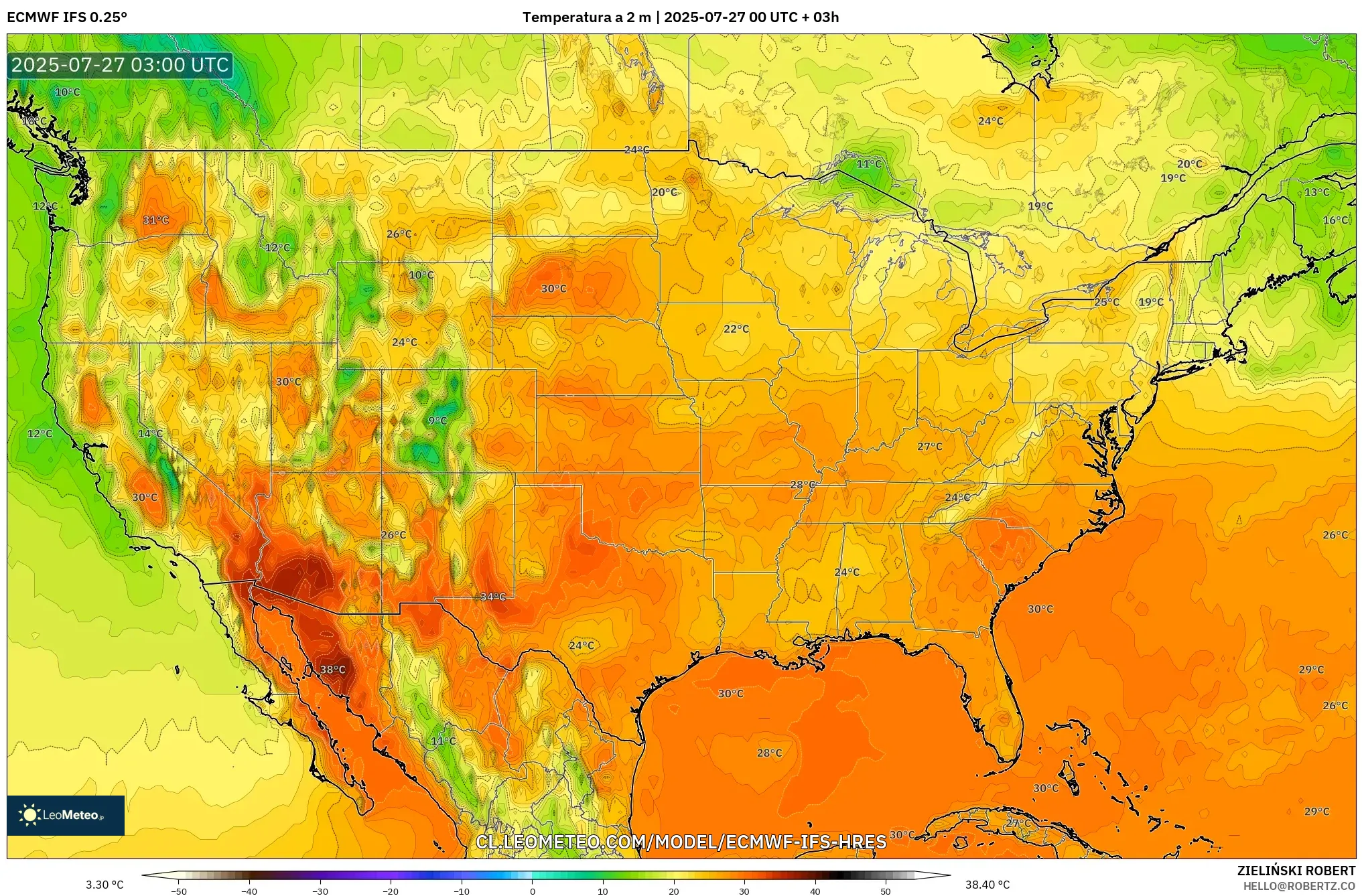 ECMWF IFS 0.25° model - Estados Unidos, Temperatura a 2 m ECMWF IFS 0.25° model - Estados Unidos, Temperatura a 2 m
