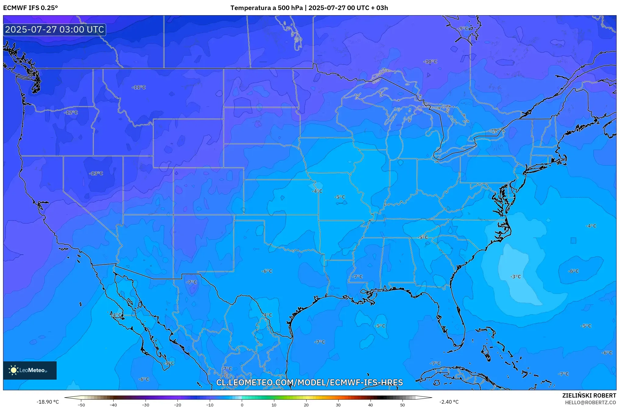 ECMWF IFS 0.25° model - Estados Unidos, Temperatura a 500 hPa ECMWF IFS 0.25° model - Estados Unidos, Temperatura a 500 hPa