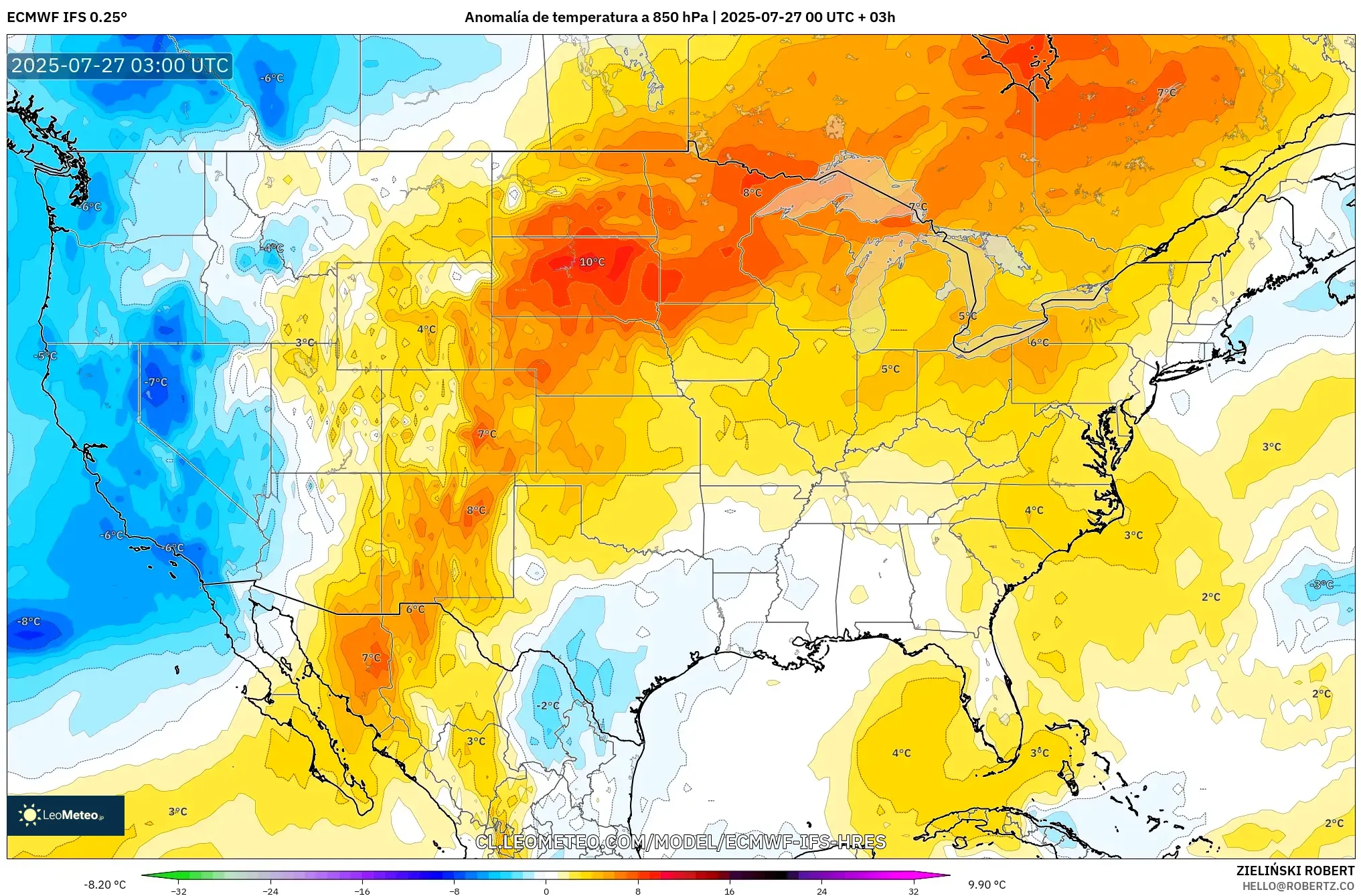 ECMWF IFS 0.25° model - Estados Unidos, Anomalía de temperatura a 850 hPa ECMWF IFS 0.25° model - Estados Unidos, Anomalía de temperatura a 850 hPa