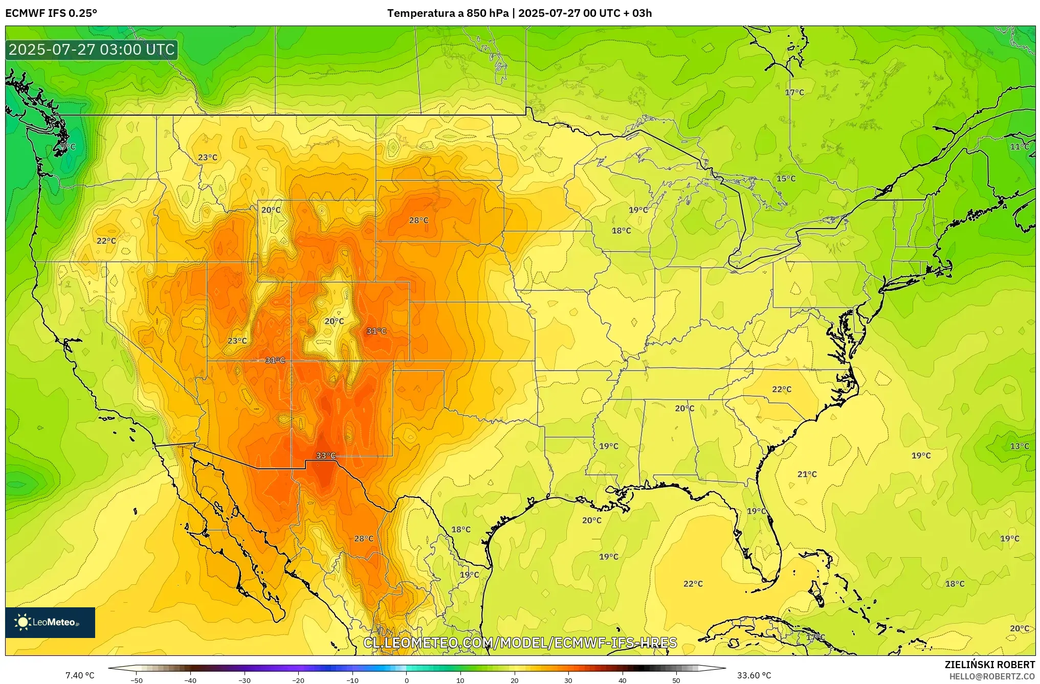 ECMWF IFS 0.25° model - Estados Unidos, Temperatura a 850 hPa ECMWF IFS 0.25° model - Estados Unidos, Temperatura a 850 hPa