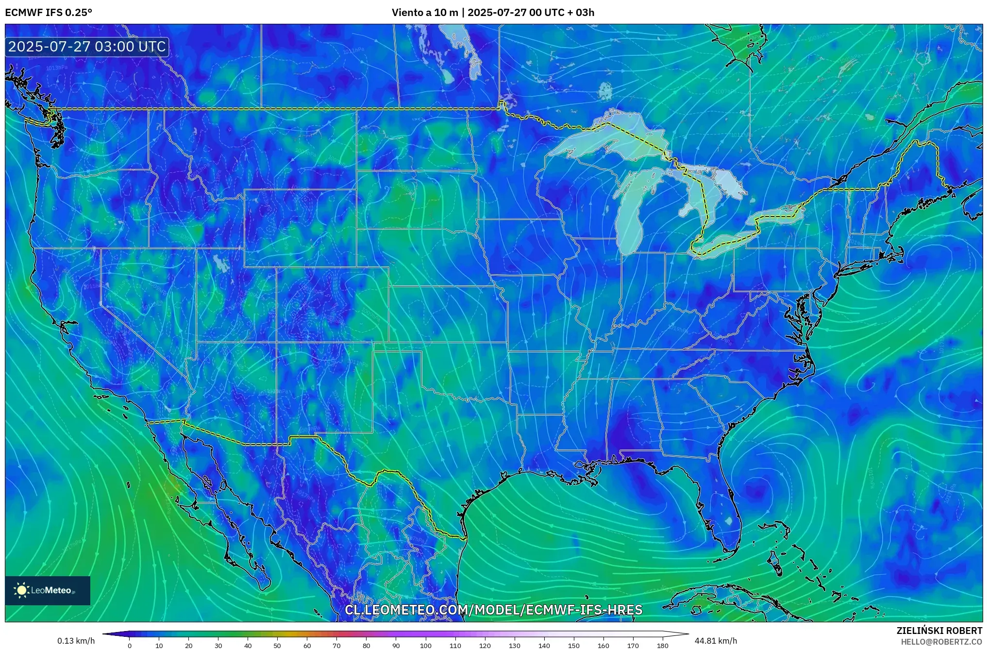 ECMWF IFS 0.25° model - Estados Unidos, Viento a 10 m ECMWF IFS 0.25° model - Estados Unidos, Viento a 10 m