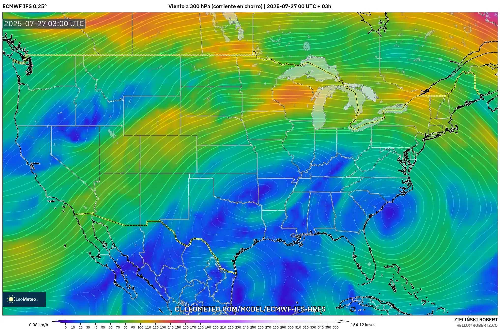 ECMWF IFS 0.25° model - Estados Unidos, Viento a 300 hPa (corriente en chorro) ECMWF IFS 0.25° model - Estados Unidos, Viento a 300 hPa (corriente en chorro)