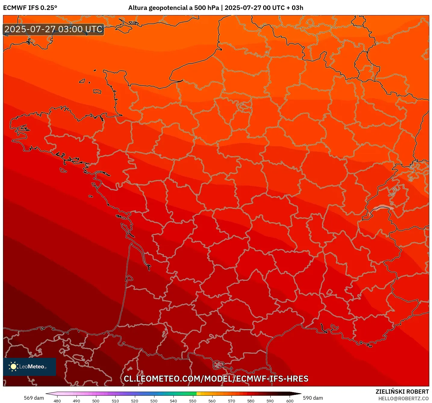 ECMWF IFS 0.25° model - Francia, Altura geopotencial a 500 hPa ECMWF IFS 0.25° model - Francia, Altura geopotencial a 500 hPa