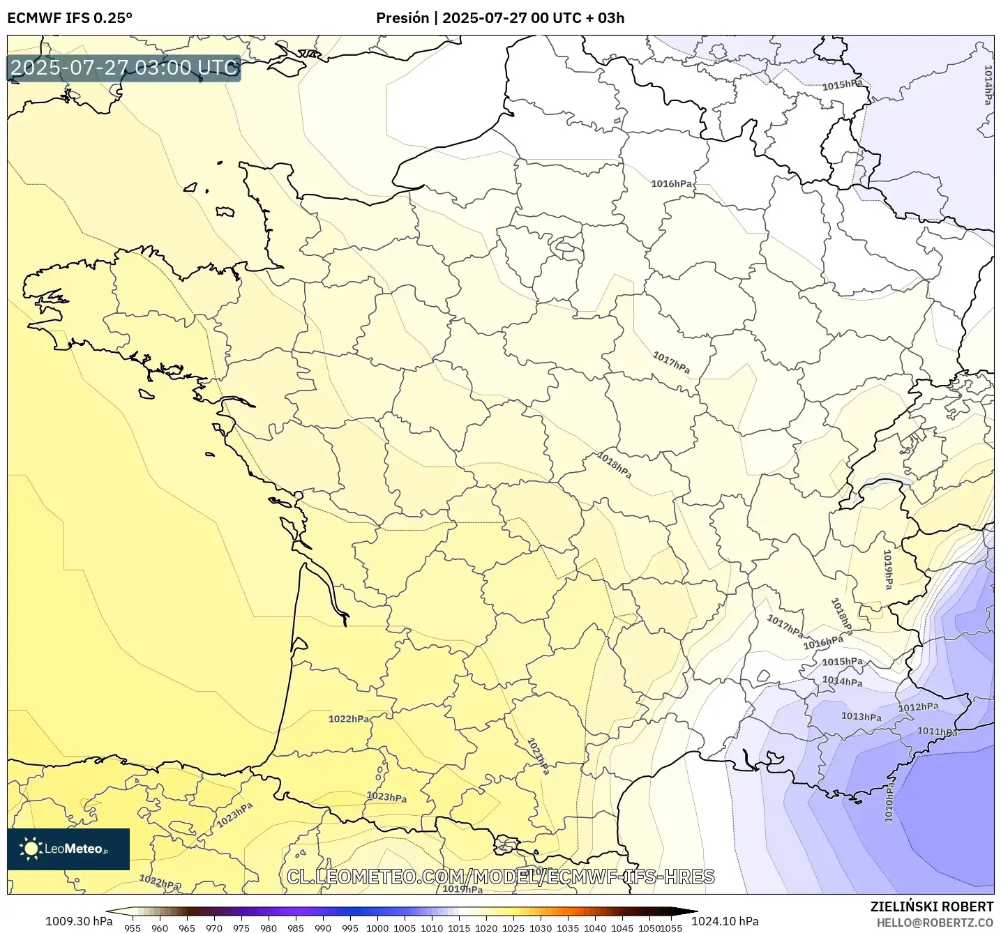 ECMWF IFS 0.25° model - Francia, Presión ECMWF IFS 0.25° model - Francia, Presión