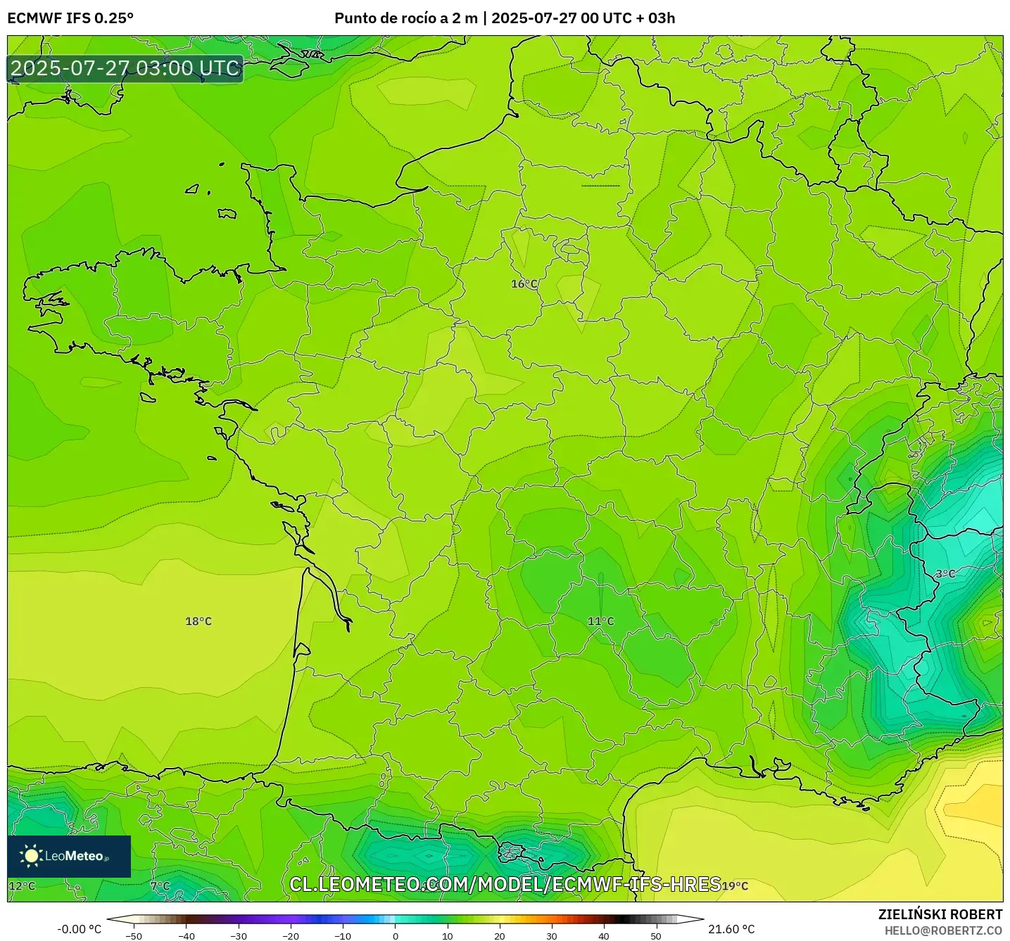 ECMWF IFS 0.25° model - Francia, Punto de rocío a 2 m ECMWF IFS 0.25° model - Francia, Punto de rocío a 2 m