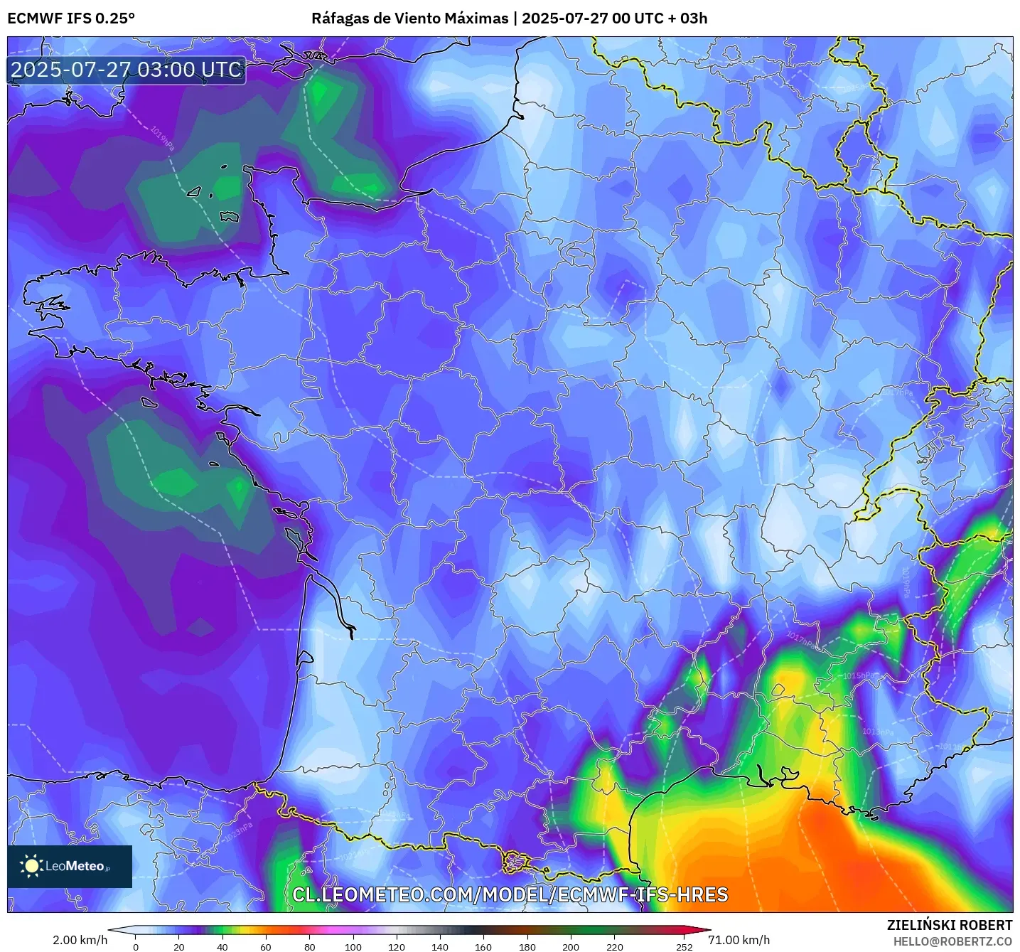 ECMWF IFS 0.25° model - Francia, Ráfagas de Viento Máximas ECMWF IFS 0.25° model - Francia, Ráfagas de Viento Máximas