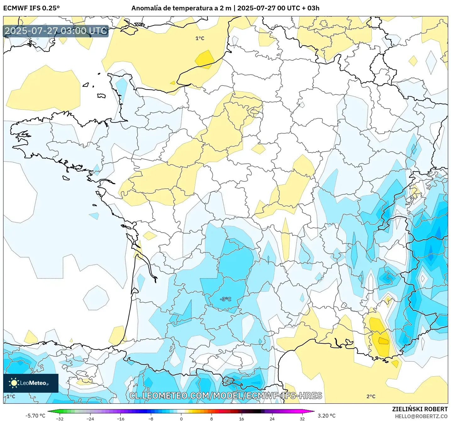 ECMWF IFS 0.25° model - Francia, Anomalía de temperatura a 2 m ECMWF IFS 0.25° model - Francia, Anomalía de temperatura a 2 m