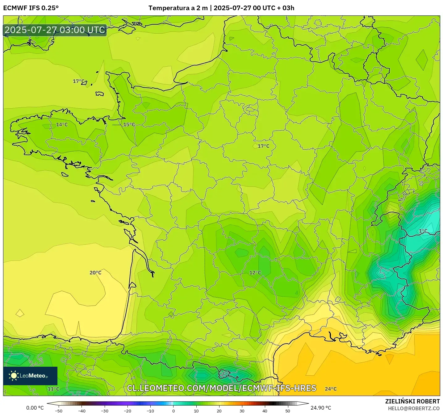 ECMWF IFS 0.25° model - Francia, Temperatura a 2 m ECMWF IFS 0.25° model - Francia, Temperatura a 2 m