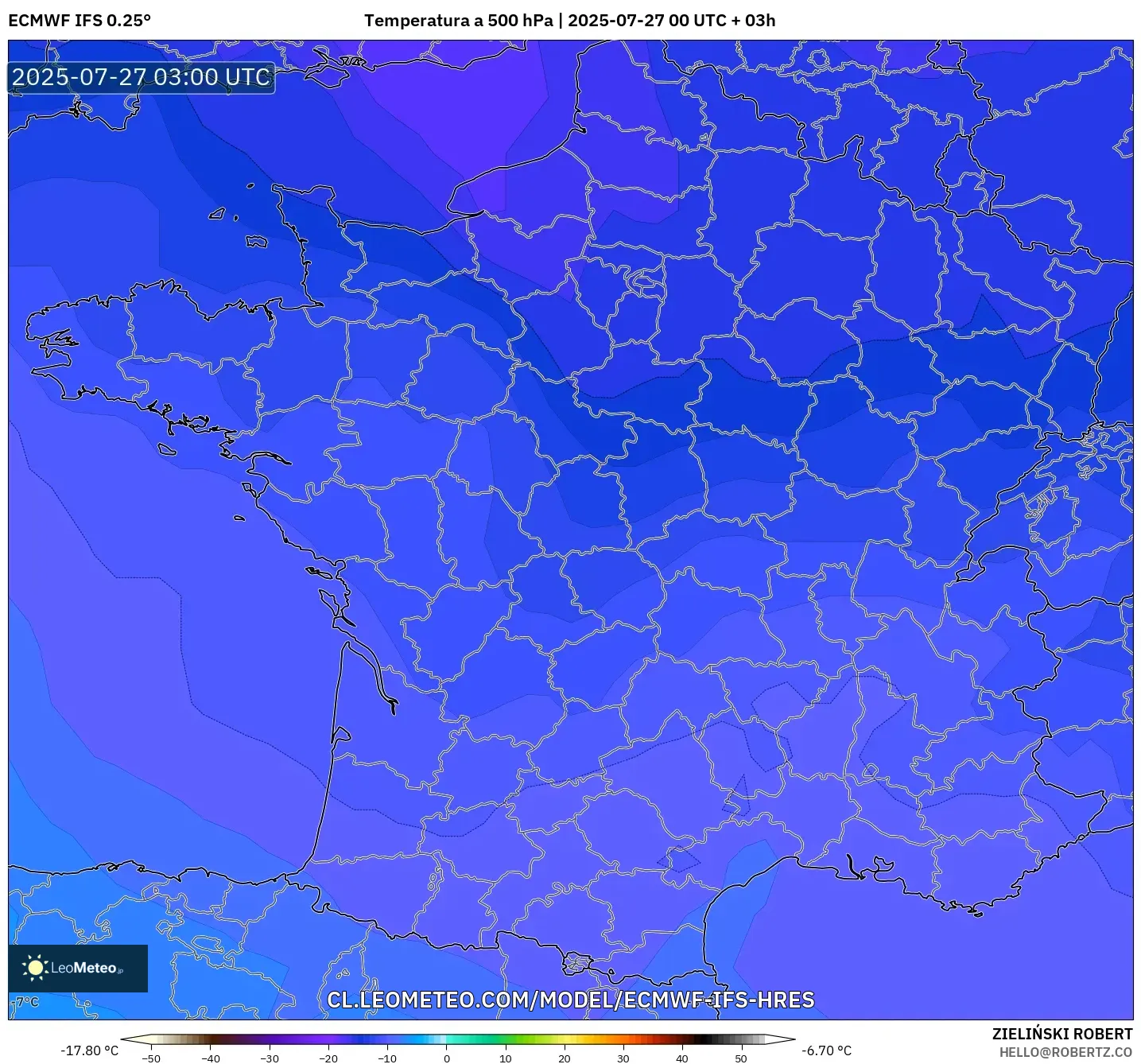 ECMWF IFS 0.25° model - Francia, Temperatura a 500 hPa ECMWF IFS 0.25° model - Francia, Temperatura a 500 hPa
