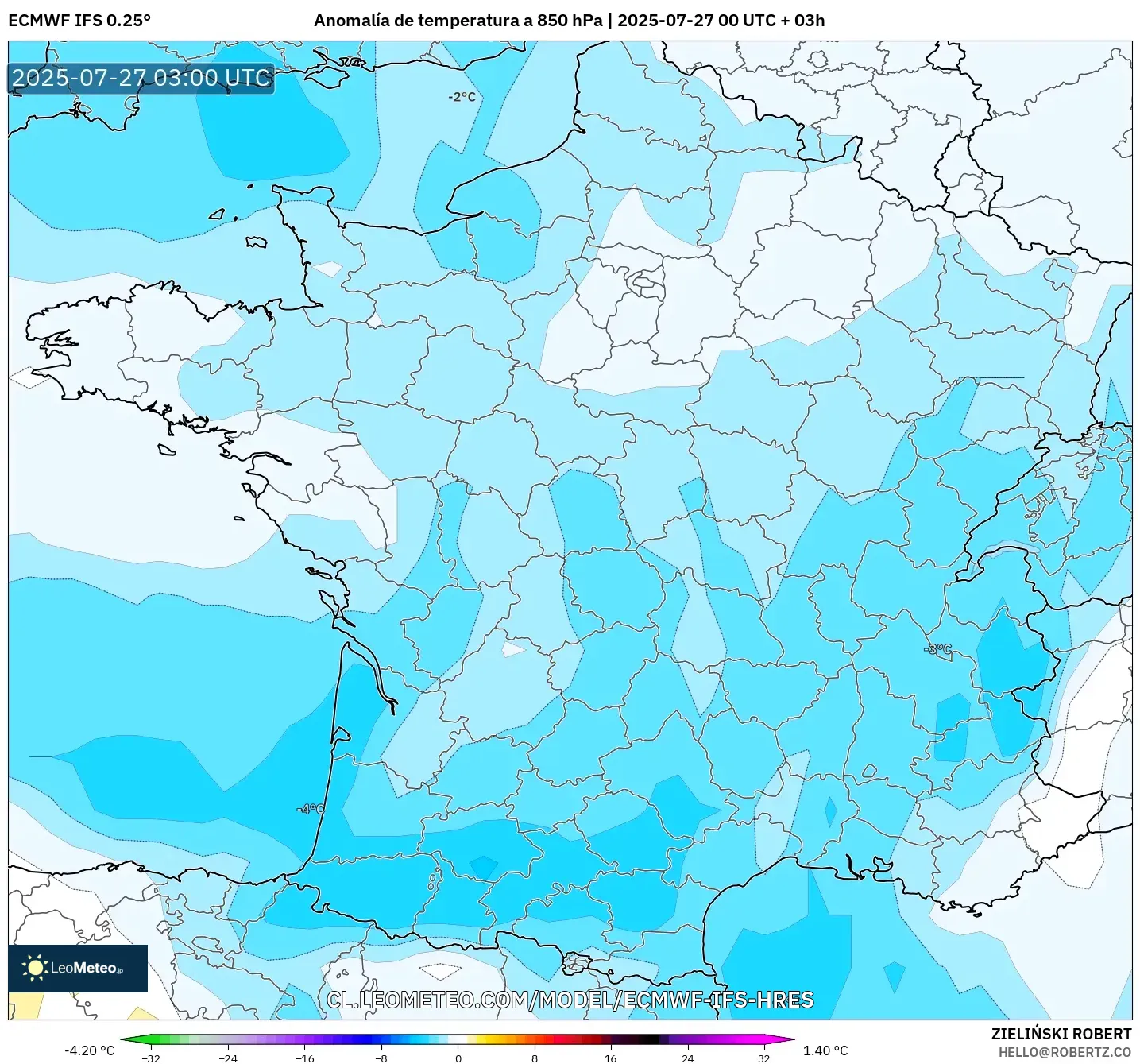 ECMWF IFS 0.25° model - Francia, Anomalía de temperatura a 850 hPa ECMWF IFS 0.25° model - Francia, Anomalía de temperatura a 850 hPa