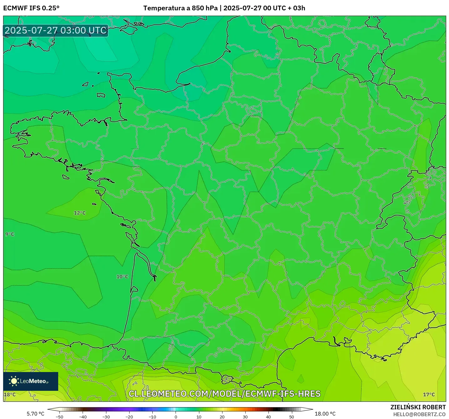 ECMWF IFS 0.25° model - Francia, Temperatura a 850 hPa