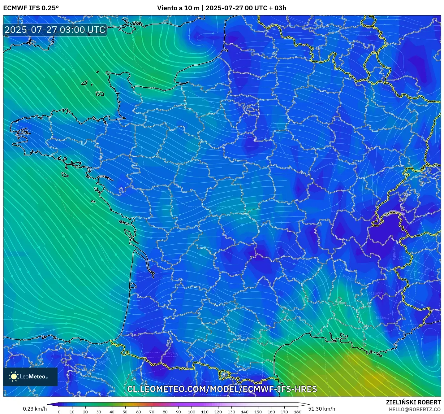 ECMWF IFS 0.25° model - Francia, Viento a 10 m ECMWF IFS 0.25° model - Francia, Viento a 10 m