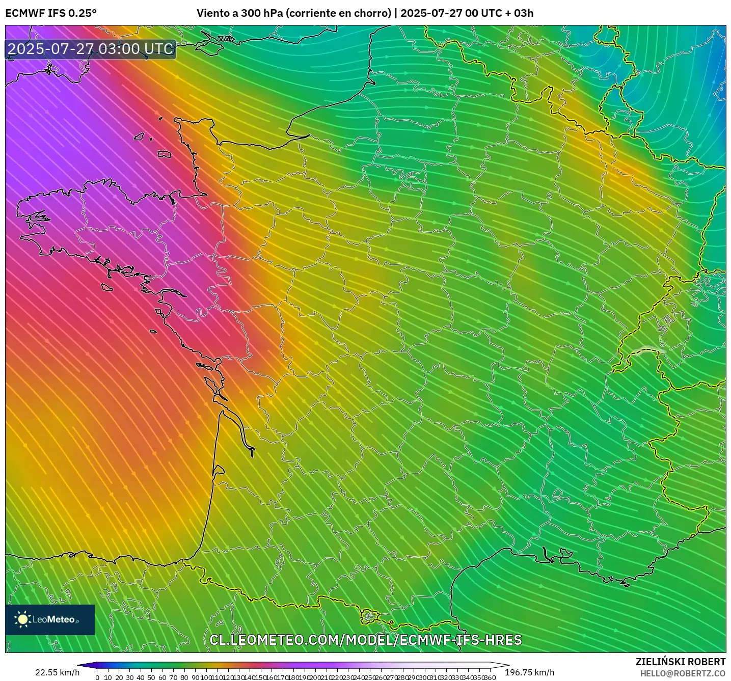 ECMWF IFS 0.25° model - Francia, Viento a 300 hPa (corriente en chorro) ECMWF IFS 0.25° model - Francia, Viento a 300 hPa (corriente en chorro)