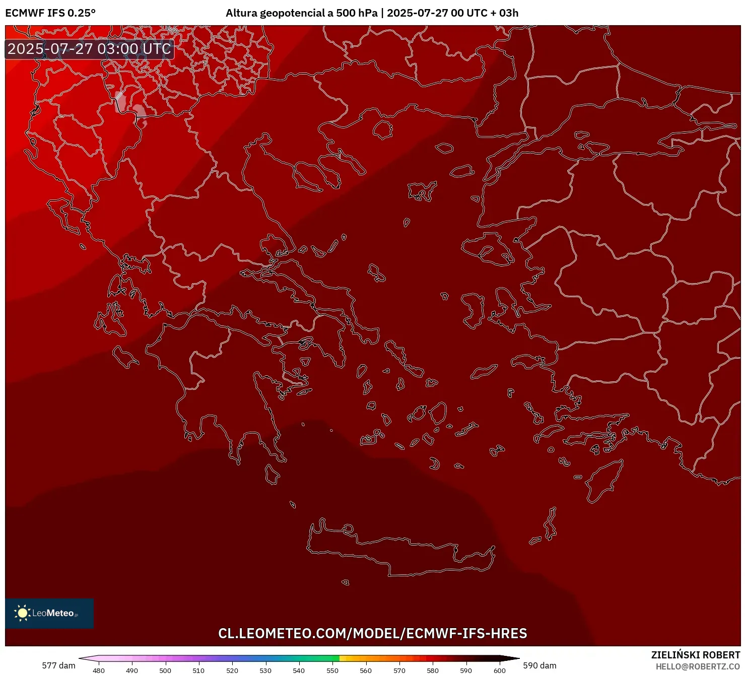 ECMWF IFS 0.25° model - Grecia, Altura geopotencial a 500 hPa ECMWF IFS 0.25° model - Grecia, Altura geopotencial a 500 hPa