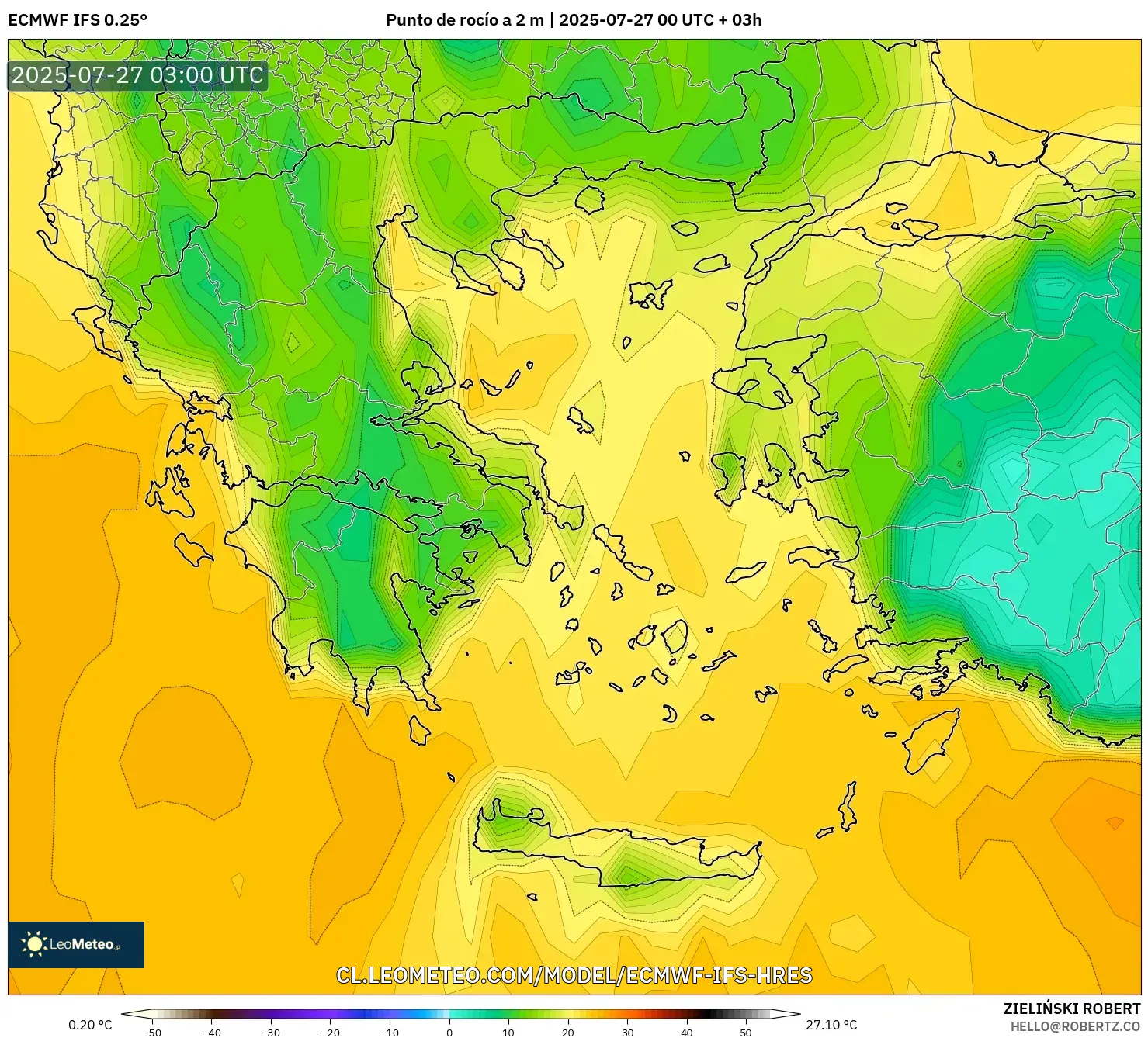 ECMWF IFS 0.25° model - Grecia, Punto de rocío a 2 m ECMWF IFS 0.25° model - Grecia, Punto de rocío a 2 m