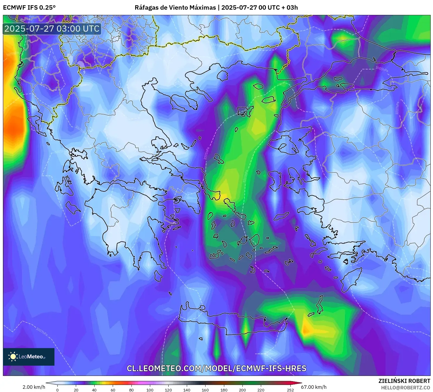 ECMWF IFS 0.25° model - Grecia, Ráfagas de Viento Máximas
