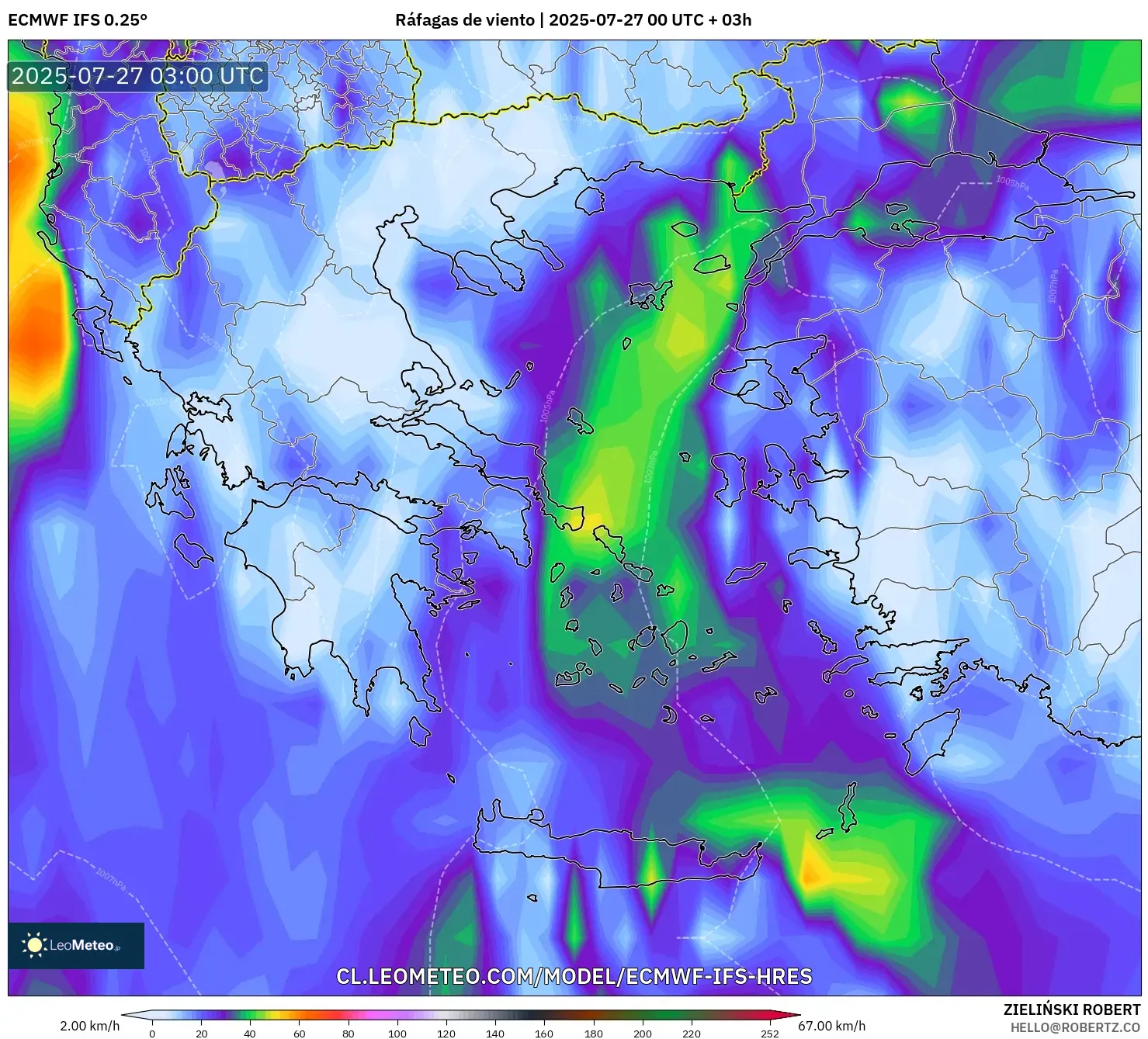 ECMWF IFS 0.25° model - Grecia, Ráfagas de viento ECMWF IFS 0.25° model - Grecia, Ráfagas de viento
