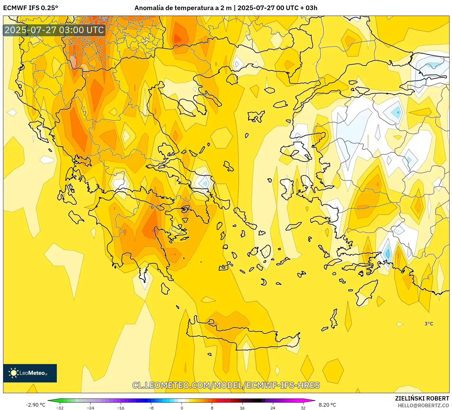 ECMWF IFS 0.25° model - Grecia, Anomalía de temperatura a 2 m