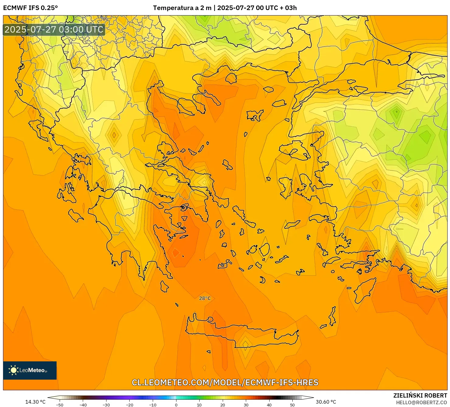 ECMWF IFS 0.25° model - Grecia, Temperatura a 2 m