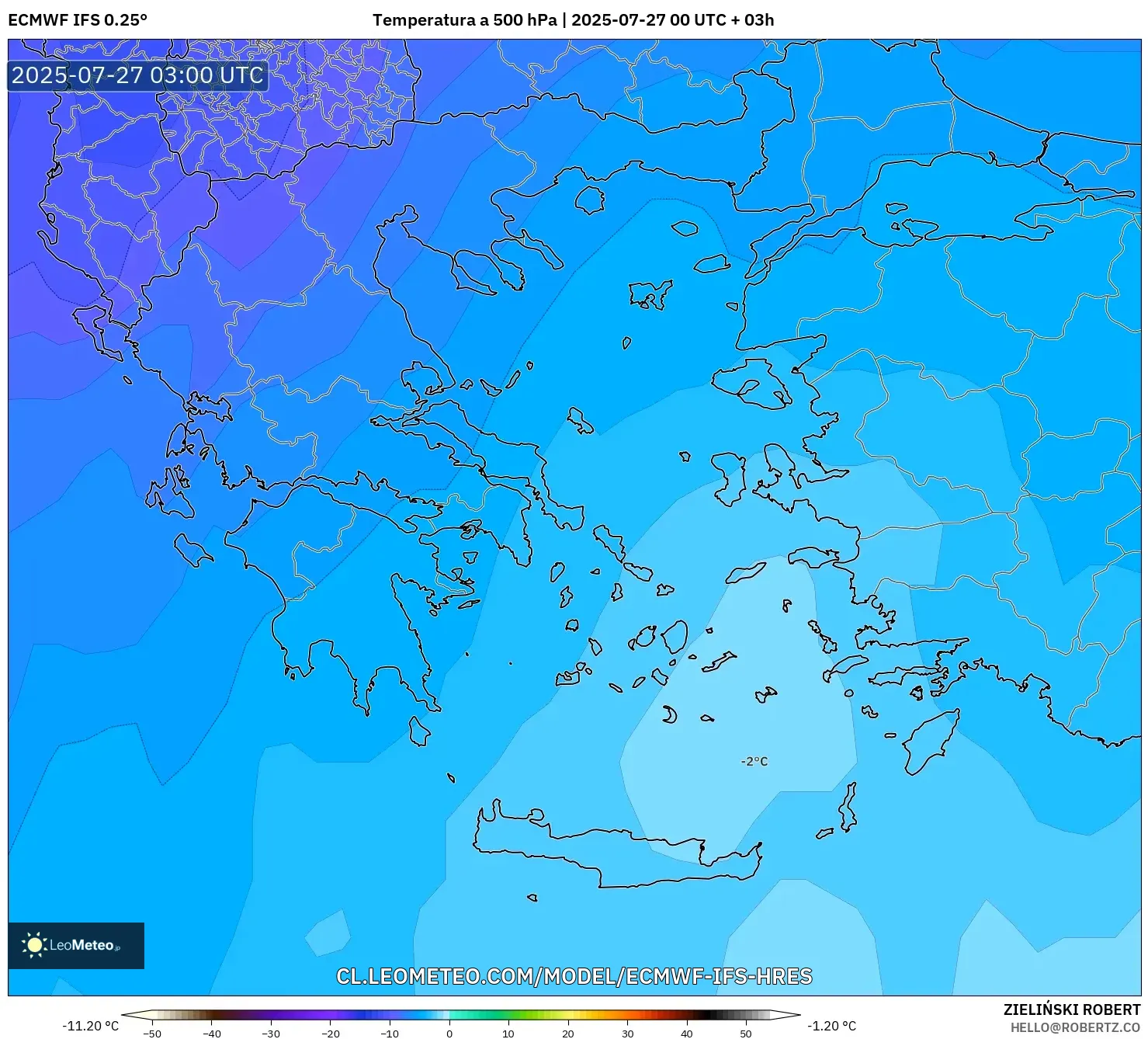 ECMWF IFS 0.25° model - Grecia, Temperatura a 500 hPa ECMWF IFS 0.25° model - Grecia, Temperatura a 500 hPa