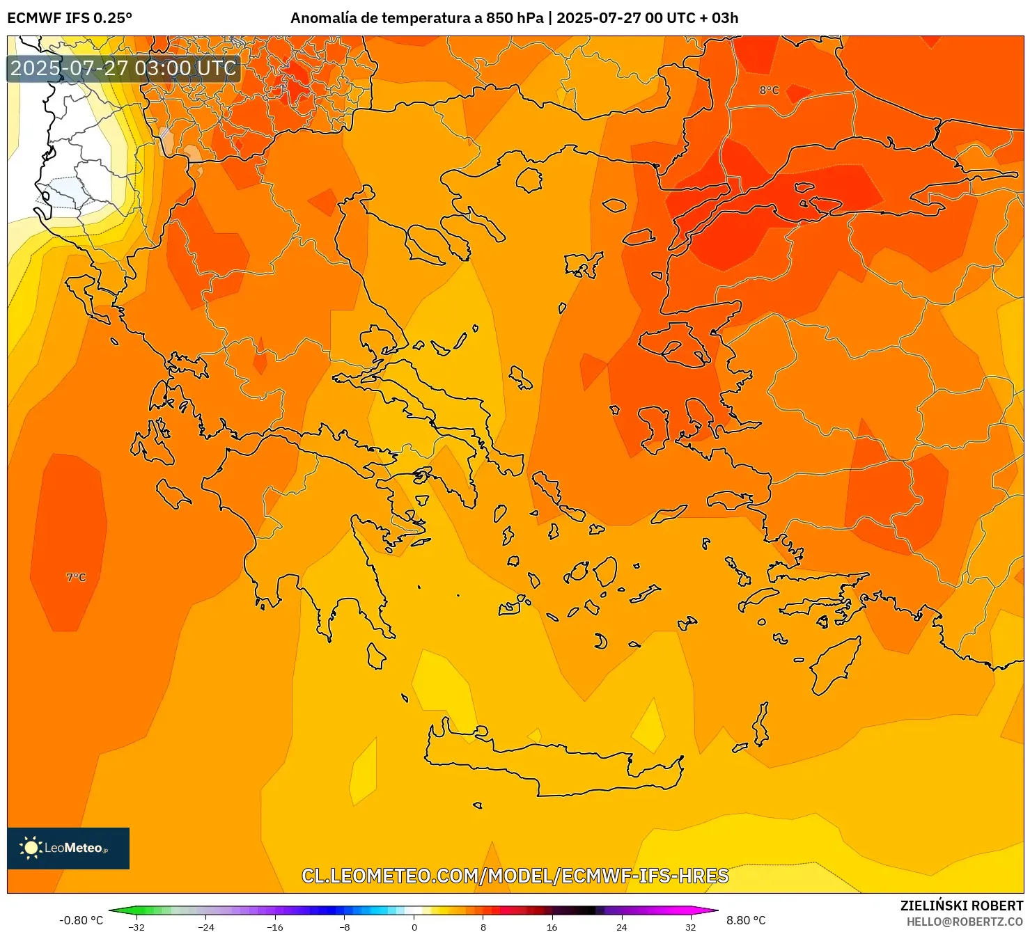 ECMWF IFS 0.25° model - Grecia, Anomalía de temperatura a 850 hPa ECMWF IFS 0.25° model - Grecia, Anomalía de temperatura a 850 hPa