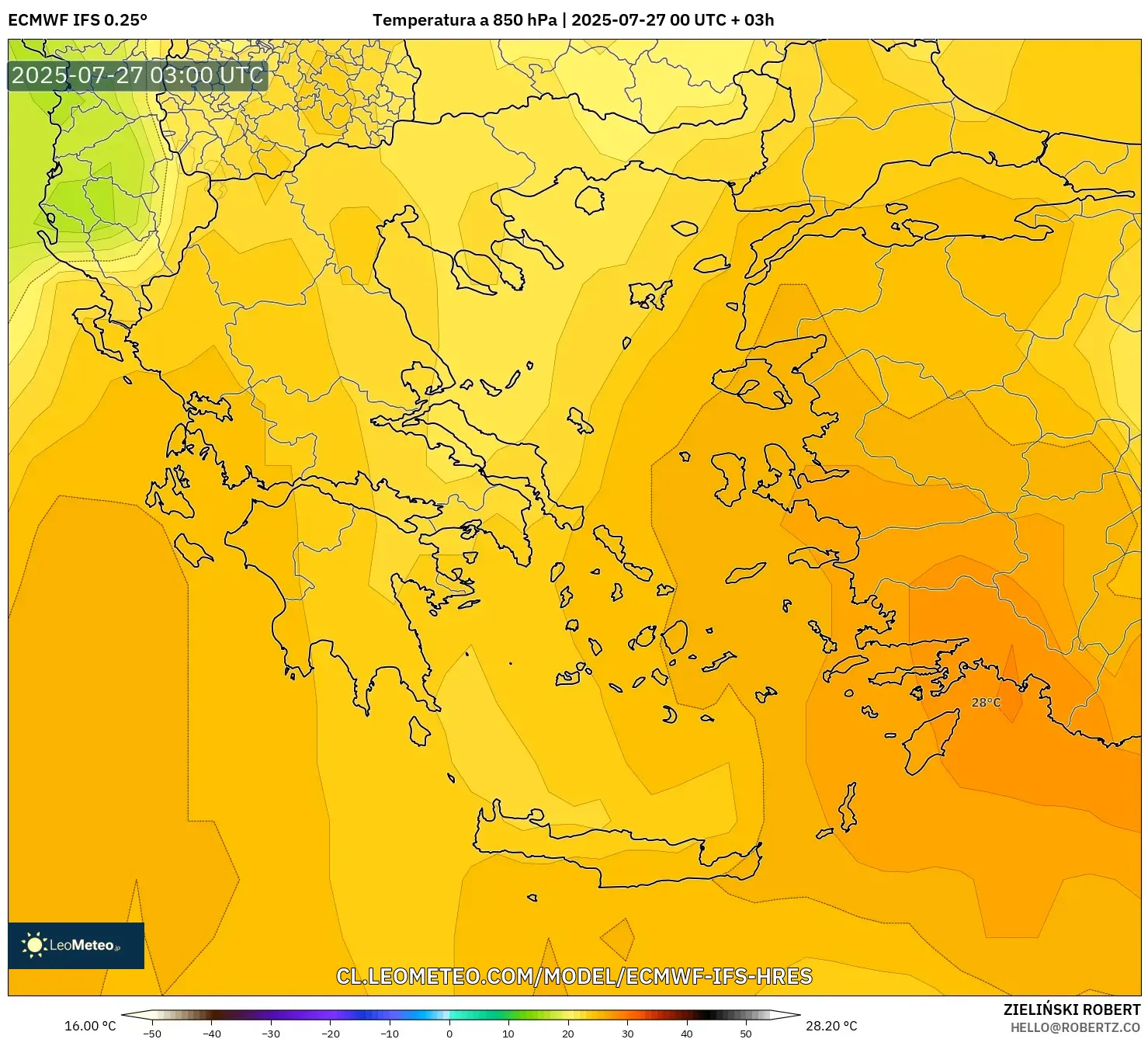 ECMWF IFS 0.25° model - Grecia, Temperatura a 850 hPa ECMWF IFS 0.25° model - Grecia, Temperatura a 850 hPa