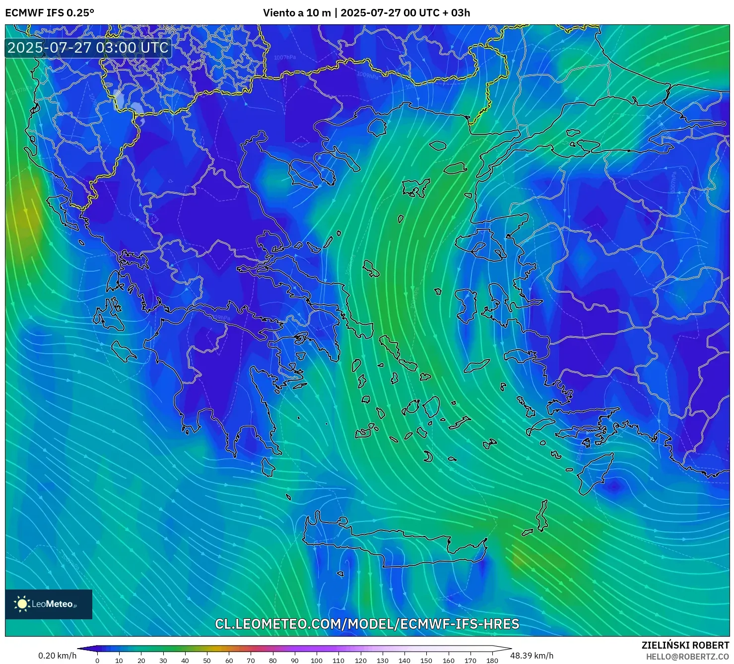 ECMWF IFS 0.25° model - Grecia, Viento a 10 m ECMWF IFS 0.25° model - Grecia, Viento a 10 m