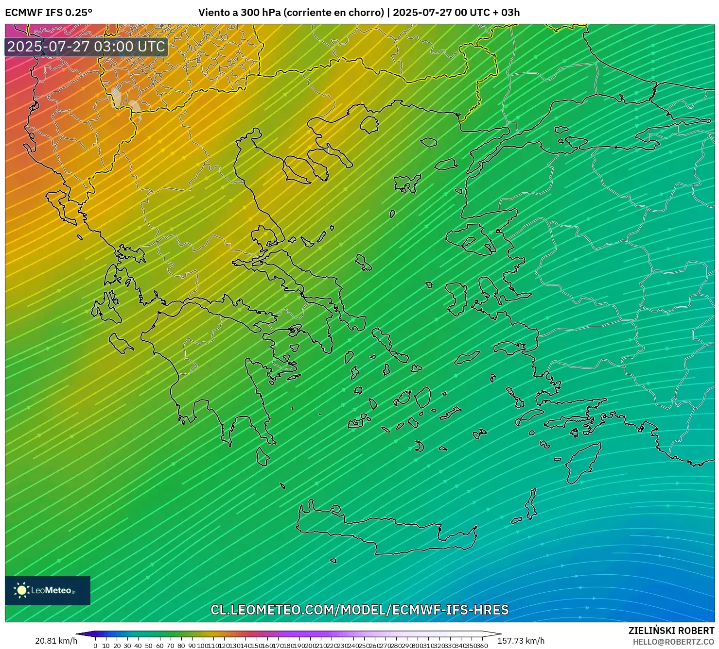 ECMWF IFS 0.25° model - Grecia, Viento a 300 hPa (corriente en chorro)