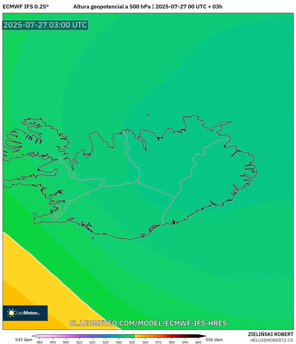 ECMWF IFS 0.25° model - Islandia, Altura geopotencial a 500 hPa ECMWF IFS 0.25° model - Islandia, Altura geopotencial a 500 hPa