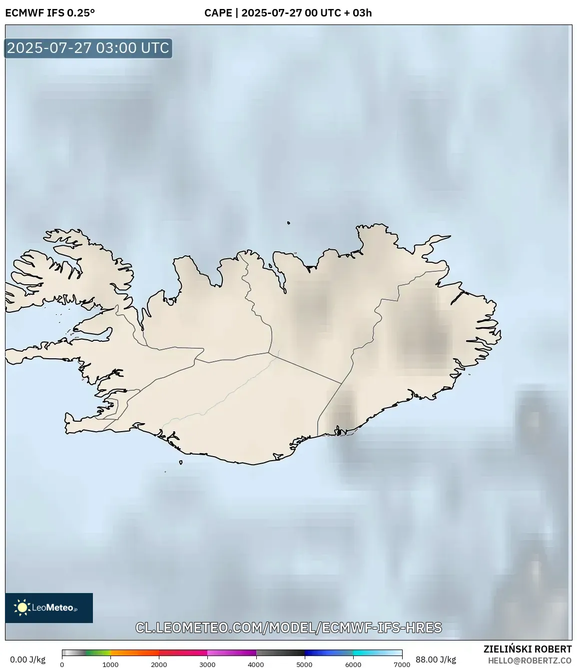 ECMWF IFS 0.25° model - Islandia, CAPE ECMWF IFS 0.25° model - Islandia, CAPE