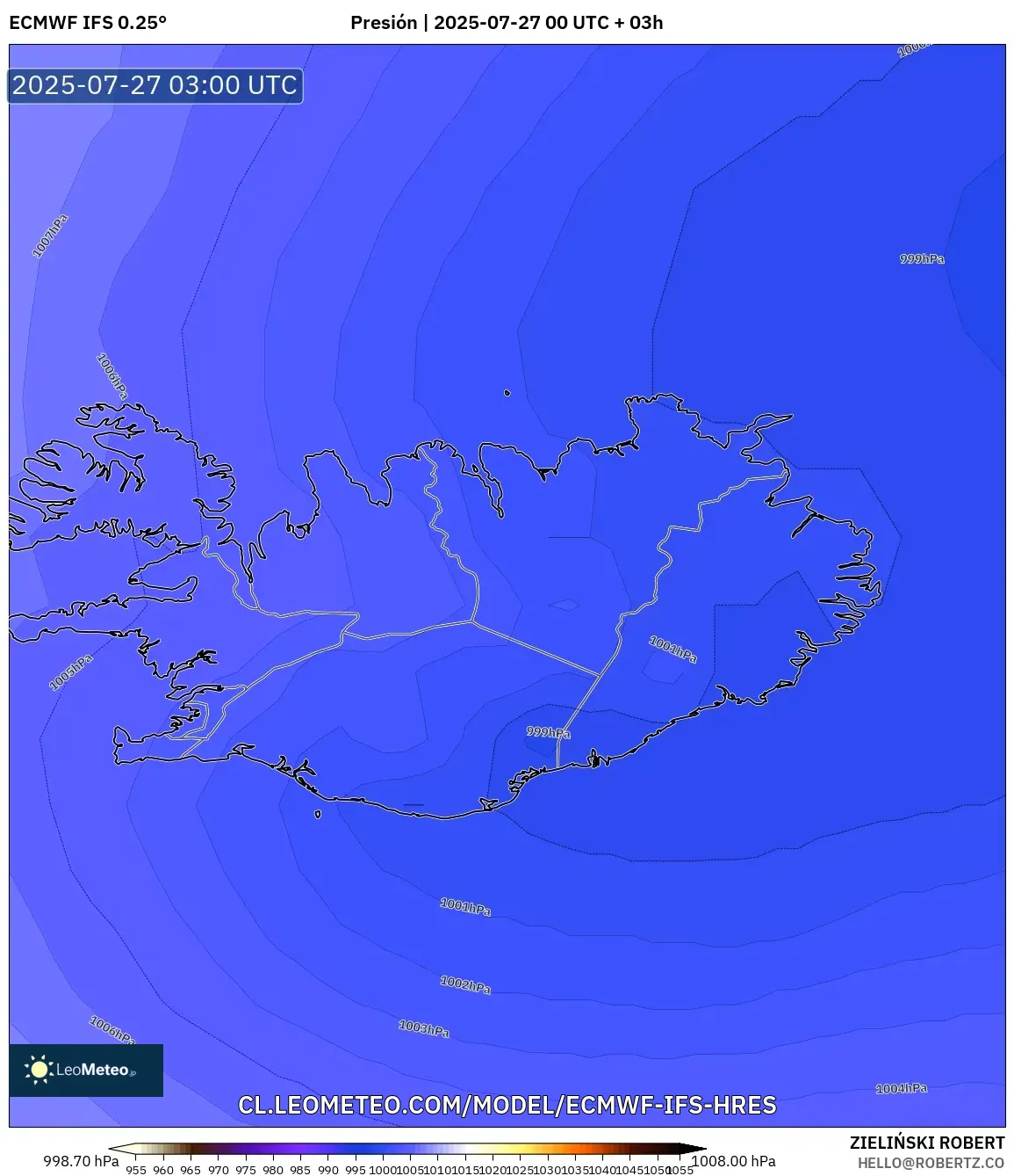 ECMWF IFS 0.25° model - Islandia, Presión