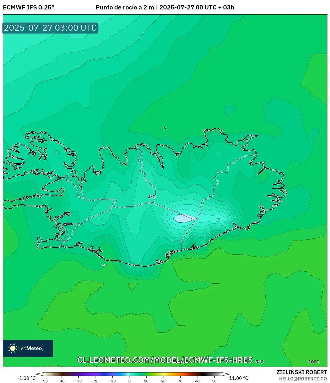 ECMWF IFS 0.25° model - Islandia, Punto de rocío a 2 m