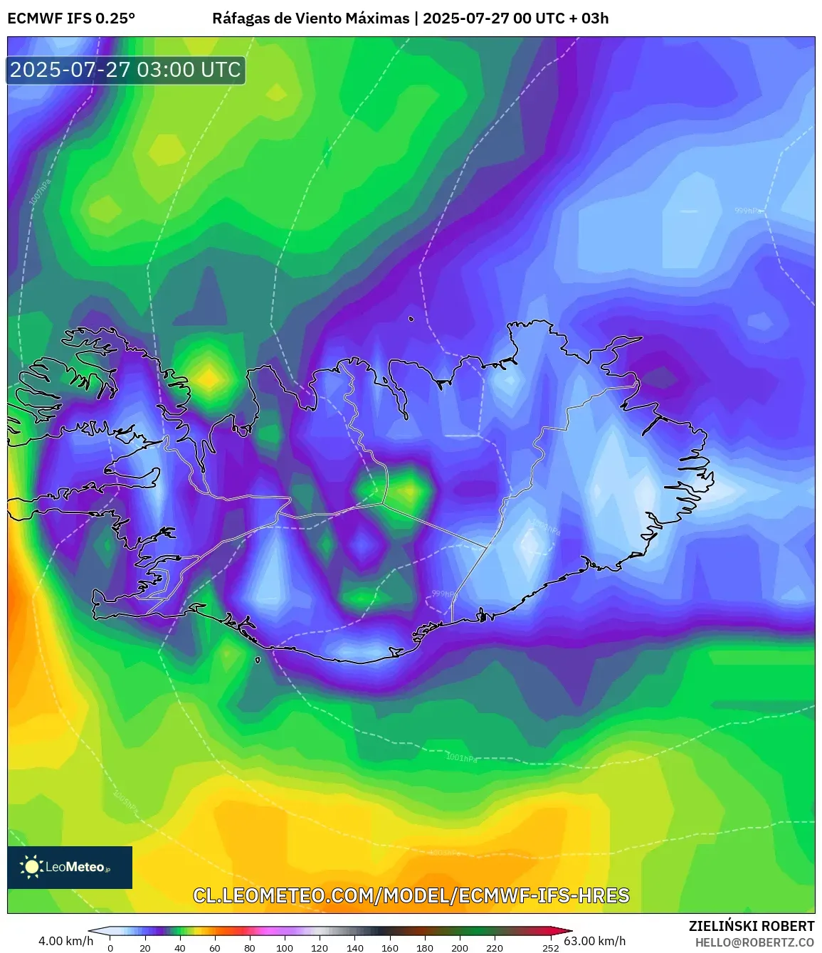 ECMWF IFS 0.25° model - Islandia, Ráfagas de Viento Máximas ECMWF IFS 0.25° model - Islandia, Ráfagas de Viento Máximas