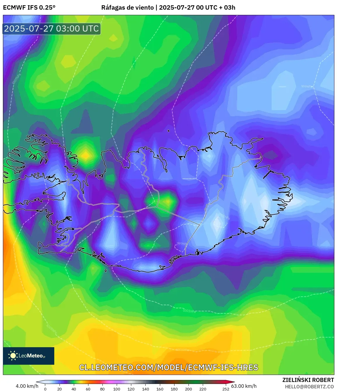 ECMWF IFS 0.25° model - Islandia, Ráfagas de viento