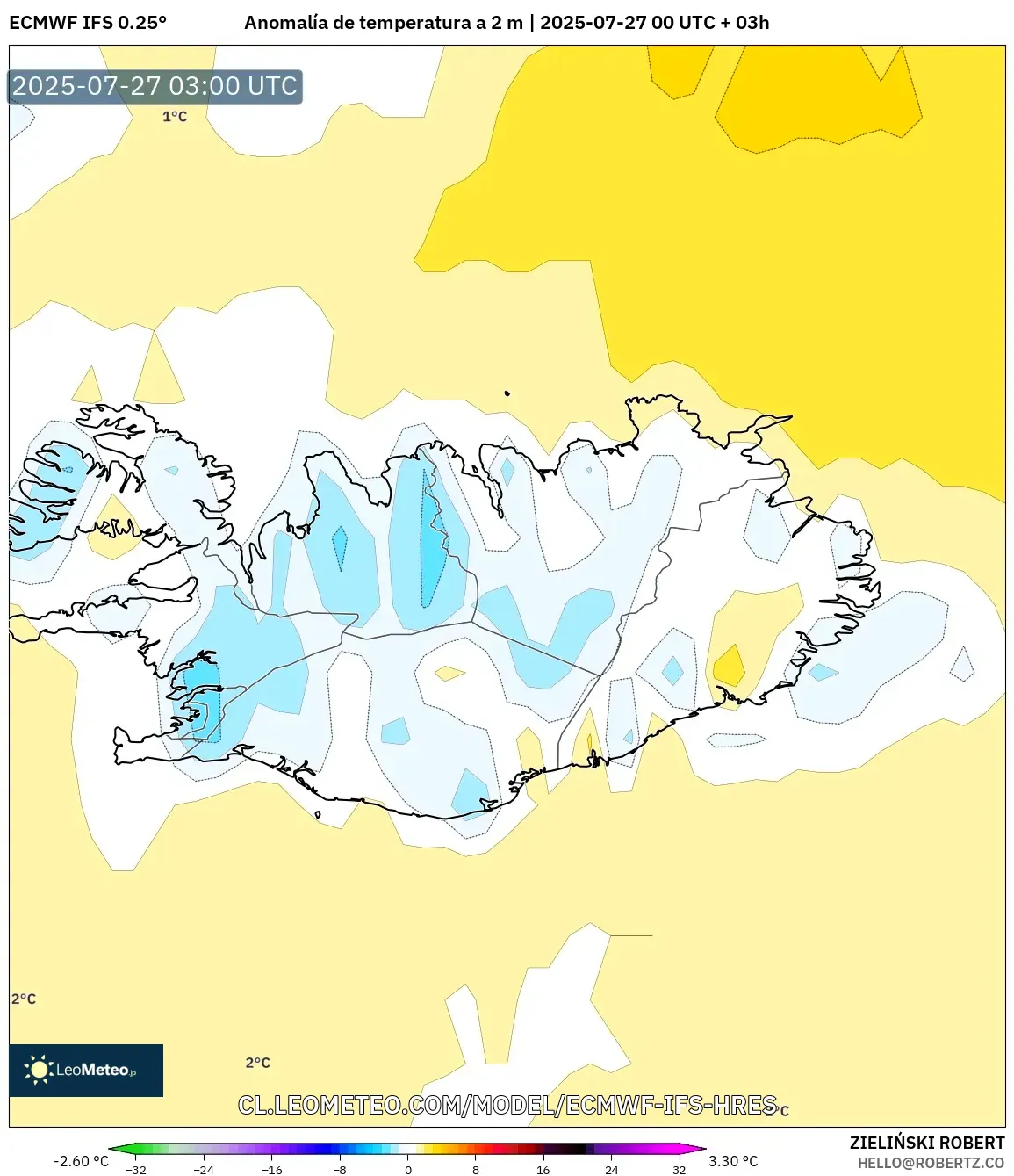 ECMWF IFS 0.25° model - Islandia, Anomalía de temperatura a 2 m