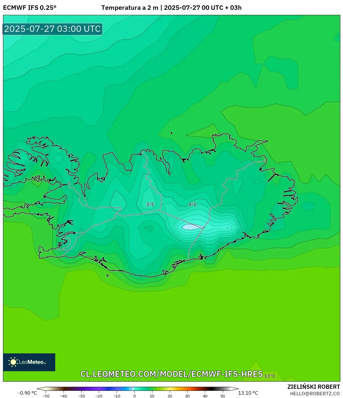 ECMWF IFS 0.25° model - Islandia, Temperatura a 2 m ECMWF IFS 0.25° model - Islandia, Temperatura a 2 m