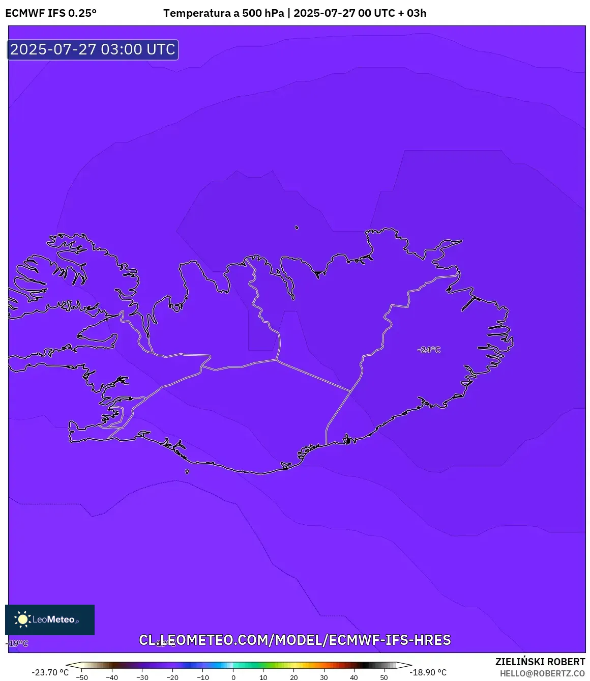 ECMWF IFS 0.25° model - Islandia, Temperatura a 500 hPa ECMWF IFS 0.25° model - Islandia, Temperatura a 500 hPa