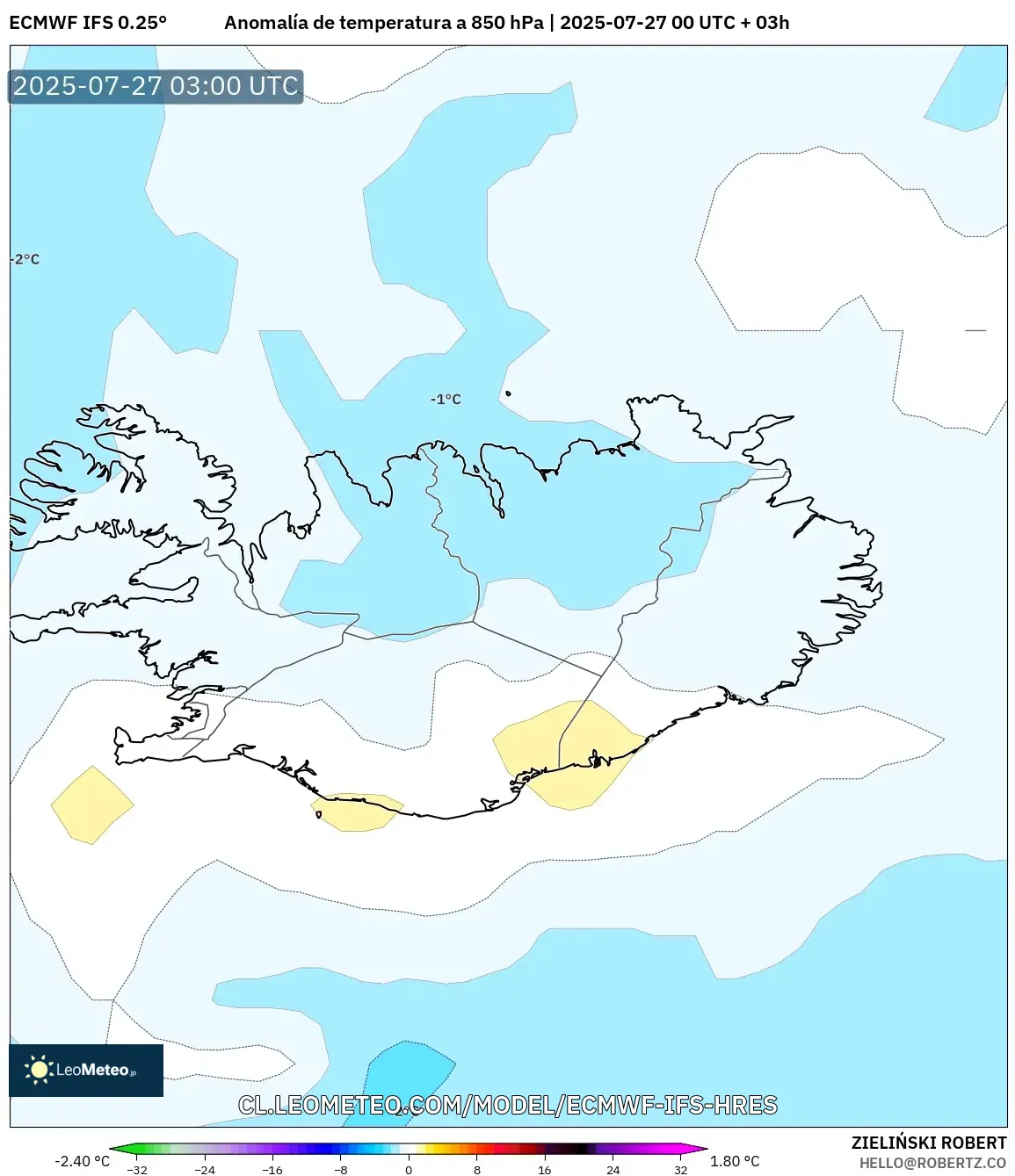 ECMWF IFS 0.25° model - Islandia, Anomalía de temperatura a 850 hPa ECMWF IFS 0.25° model - Islandia, Anomalía de temperatura a 850 hPa
