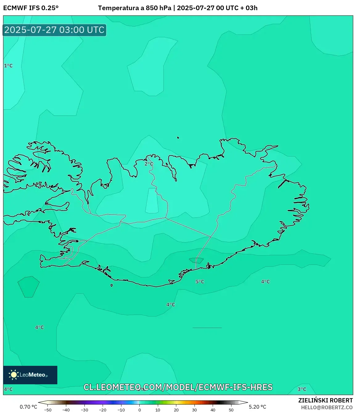 ECMWF IFS 0.25° model - Islandia, Temperatura a 850 hPa ECMWF IFS 0.25° model - Islandia, Temperatura a 850 hPa