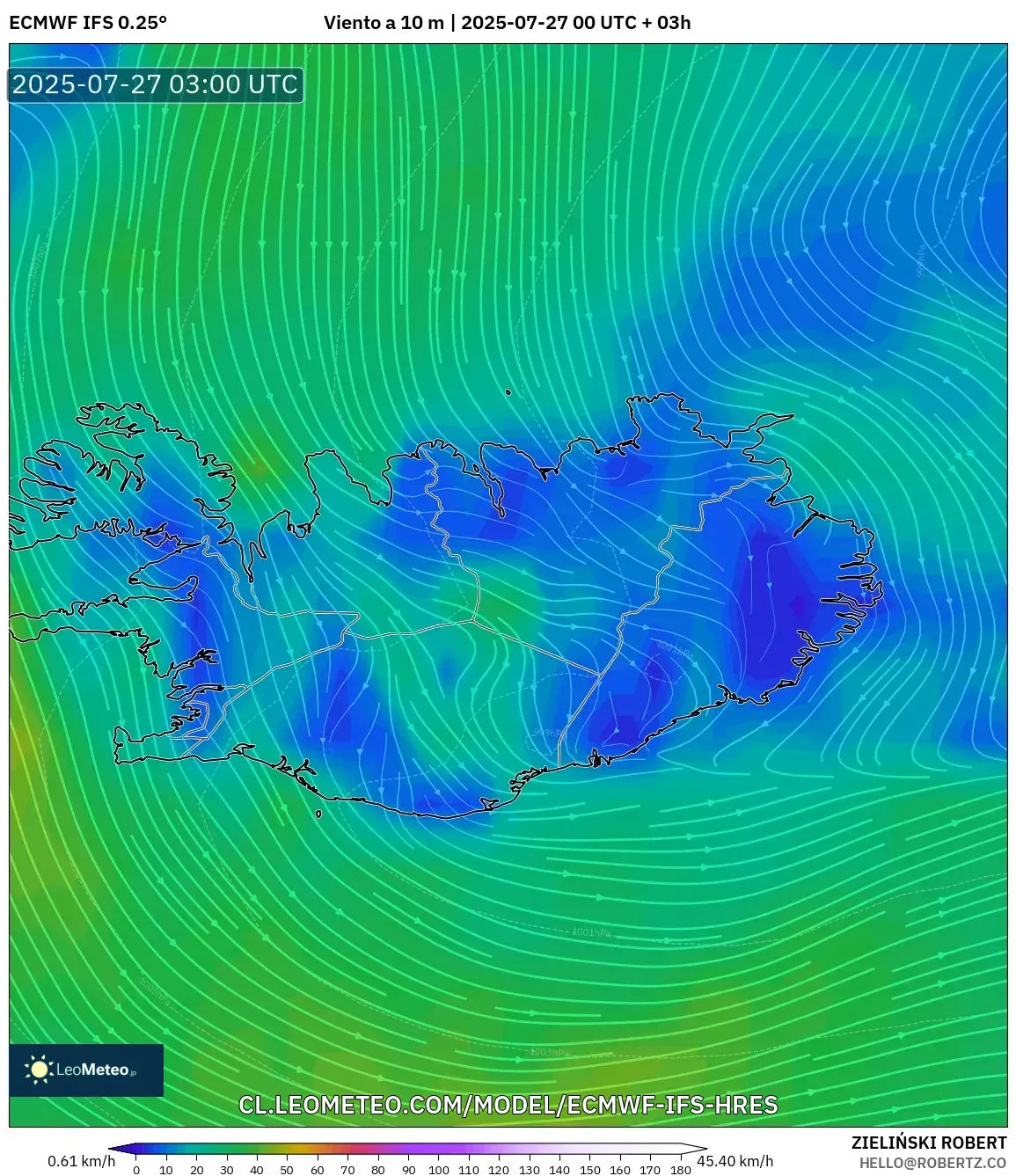 ECMWF IFS 0.25° model - Islandia, Viento a 10 m ECMWF IFS 0.25° model - Islandia, Viento a 10 m