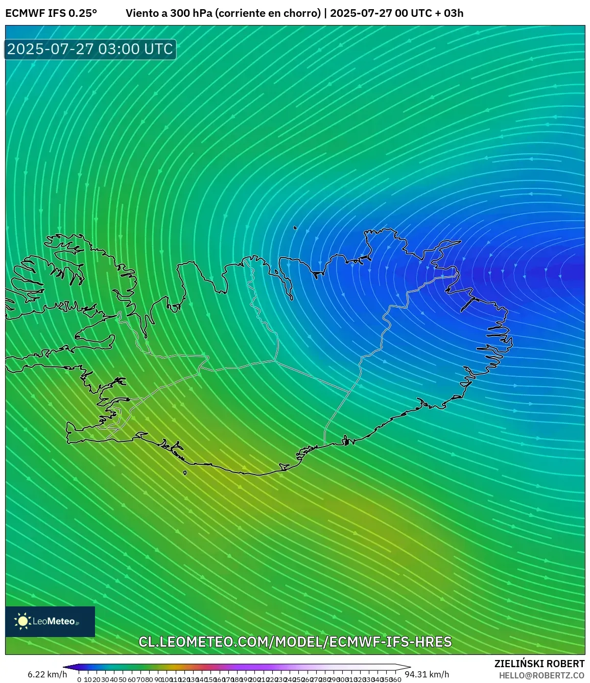 ECMWF IFS 0.25° model - Islandia, Viento a 300 hPa (corriente en chorro) ECMWF IFS 0.25° model - Islandia, Viento a 300 hPa (corriente en chorro)