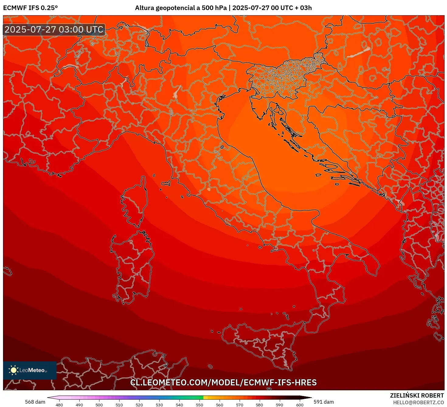ECMWF IFS 0.25° model - Italia, Altura geopotencial a 500 hPa ECMWF IFS 0.25° model - Italia, Altura geopotencial a 500 hPa