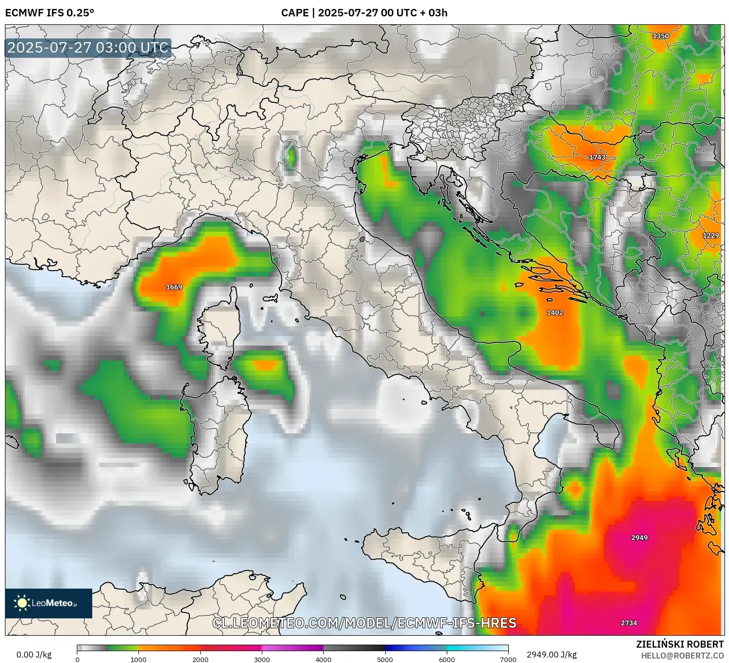 ECMWF IFS 0.25° model - Italia, CAPE ECMWF IFS 0.25° model - Italia, CAPE