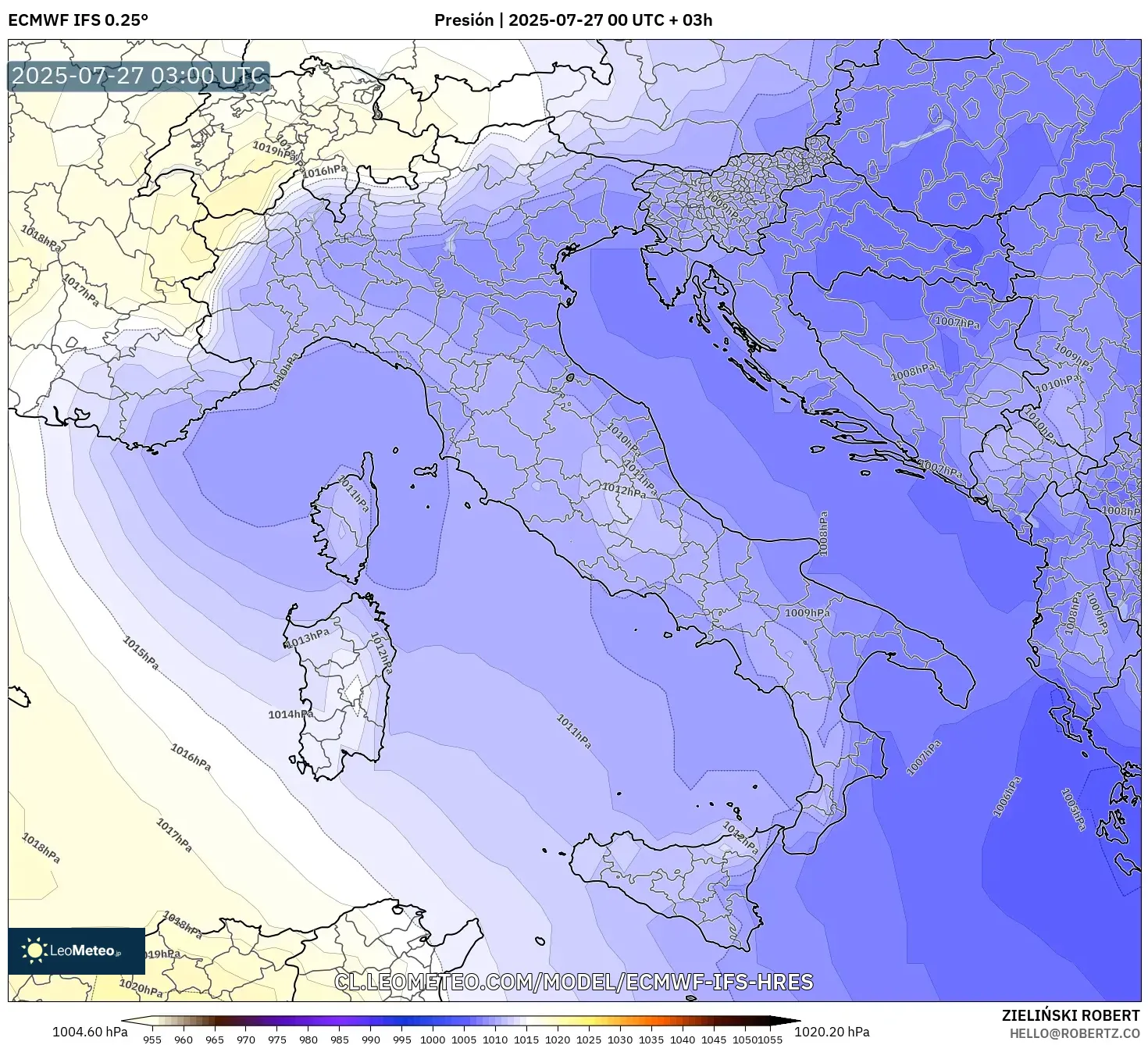 ECMWF IFS 0.25° model - Italia, Presión ECMWF IFS 0.25° model - Italia, Presión