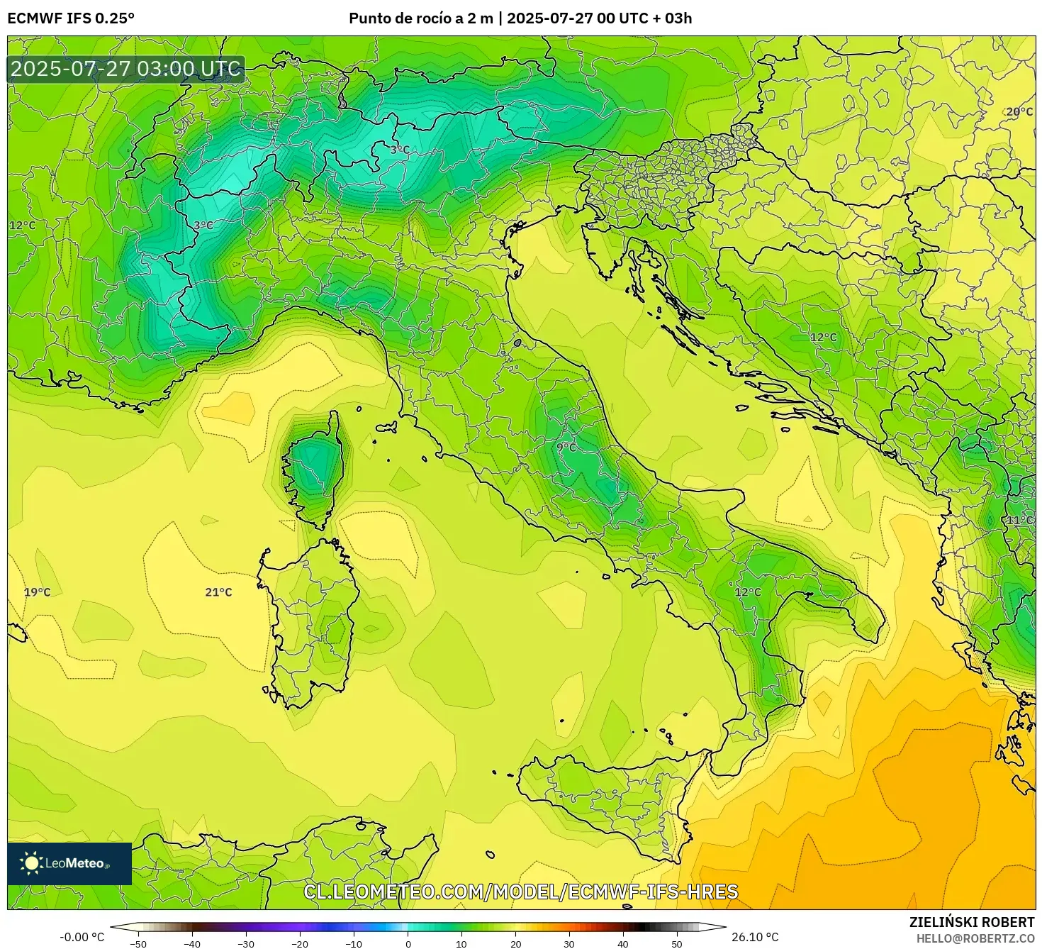 ECMWF IFS 0.25° model - Italia, Punto de rocío a 2 m ECMWF IFS 0.25° model - Italia, Punto de rocío a 2 m