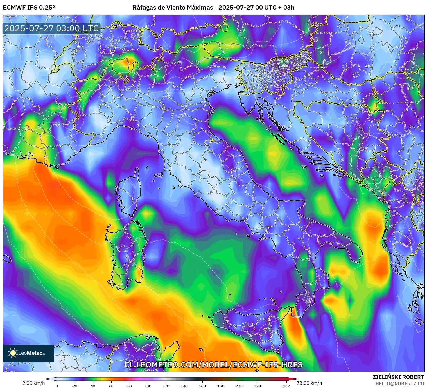 ECMWF IFS 0.25° model - Italia, Ráfagas de Viento Máximas ECMWF IFS 0.25° model - Italia, Ráfagas de Viento Máximas